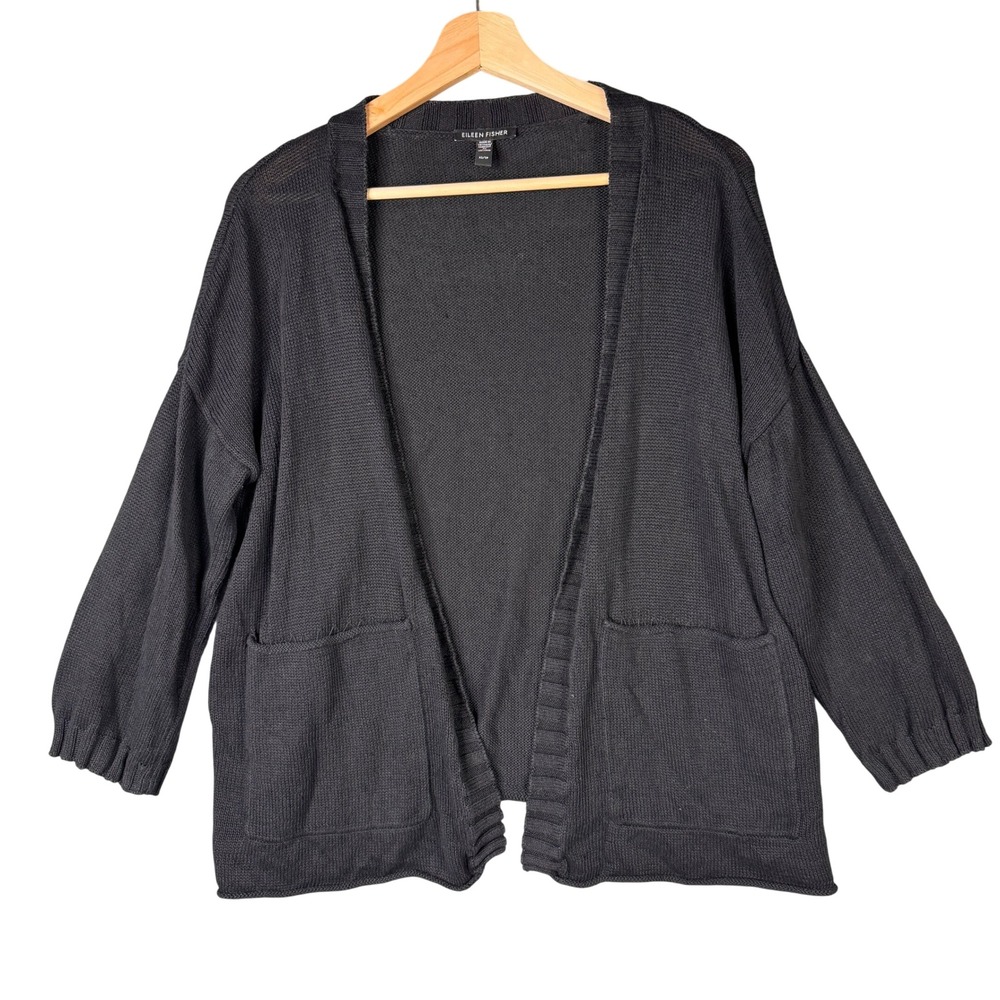 Eileen Fisher Organic Linen Cotton Open Front Cardigan Sweater Black XS Pocket